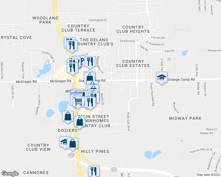 map of restaurants, bars, coffee shops, grocery stores, and more near 2465 South Glen Eagles Drive in DeLand