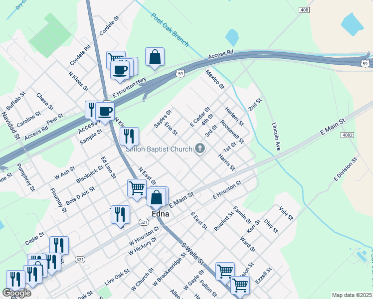 map of restaurants, bars, coffee shops, grocery stores, and more near 410 Carver Street in Edna