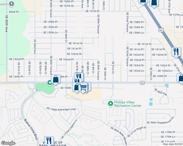 map of restaurants, bars, coffee shops, grocery stores, and more near 16444 Southeast 89th Terrace in Summerfield