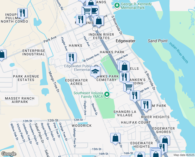 map of restaurants, bars, coffee shops, grocery stores, and more near 801 South Old County Road in Edgewater