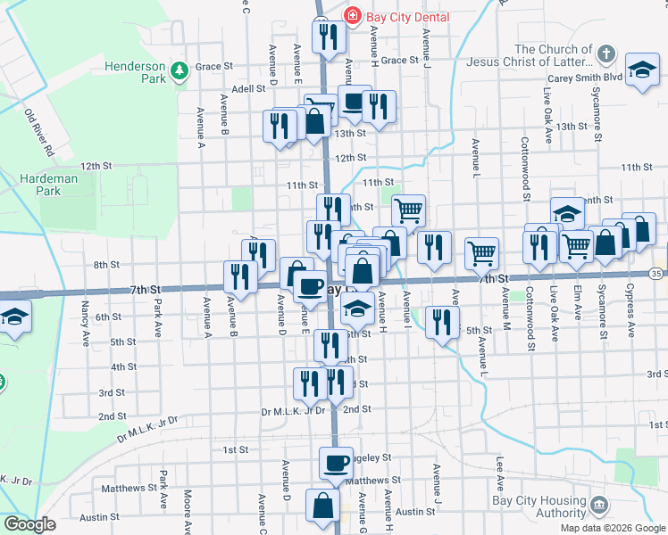 map of restaurants, bars, coffee shops, grocery stores, and more near in Bay City