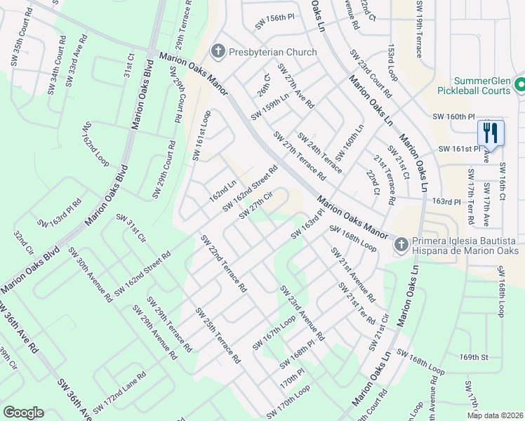 map of restaurants, bars, coffee shops, grocery stores, and more near 16321 Southwest 26th Terrace in Ocala
