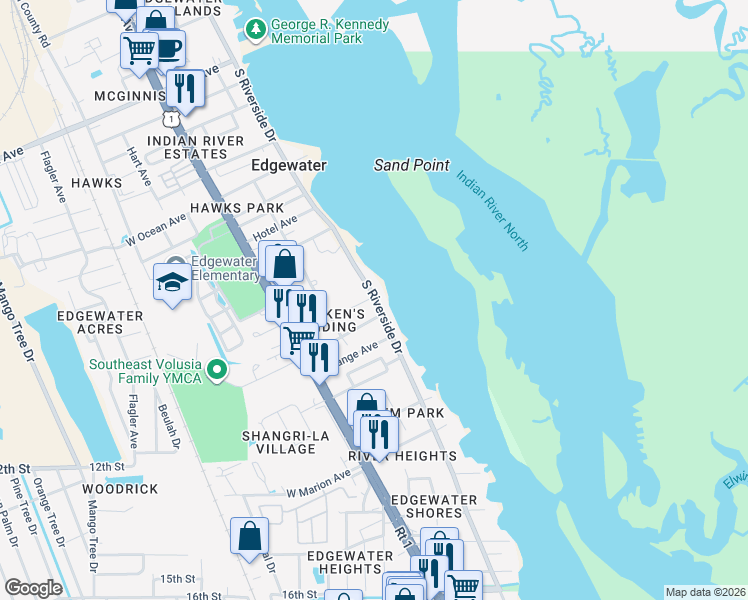 map of restaurants, bars, coffee shops, grocery stores, and more near 1003 South Riverside Drive in Edgewater