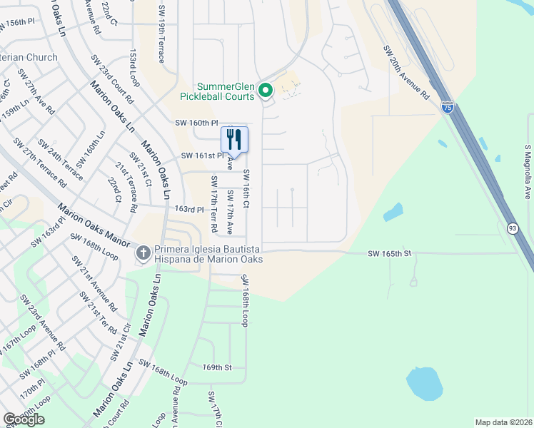 map of restaurants, bars, coffee shops, grocery stores, and more near 16323 Southwest 15th Court in Ocala