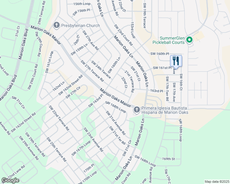map of restaurants, bars, coffee shops, grocery stores, and more near 16369 Southwest 27th Terrace Road in Ocala