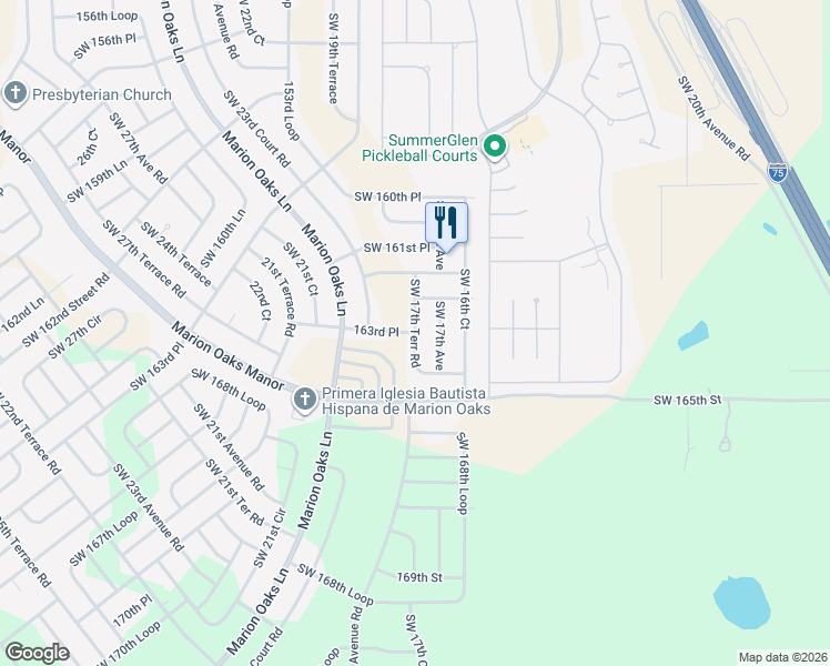 map of restaurants, bars, coffee shops, grocery stores, and more near 16257 Southwest 17th Terrace Road in Ocala