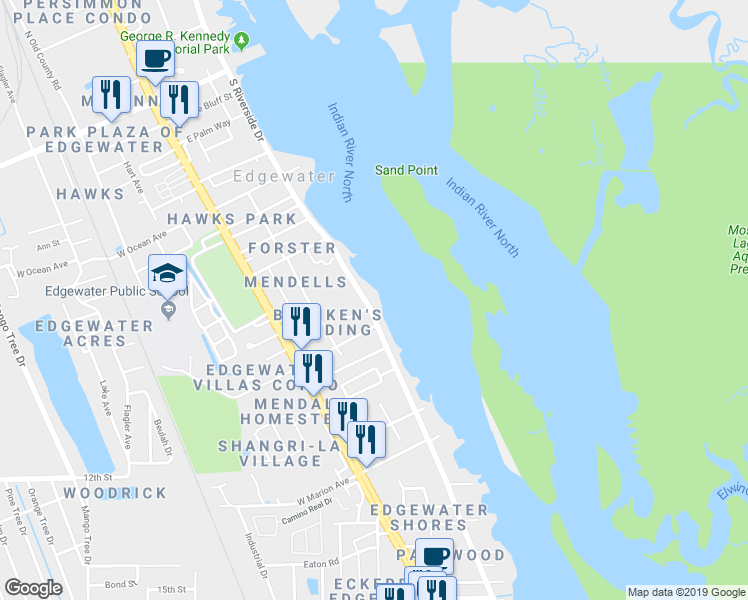 map of restaurants, bars, coffee shops, grocery stores, and more near 1003 South Riverside Drive in Edgewater