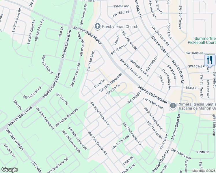 map of restaurants, bars, coffee shops, grocery stores, and more near 2590 Southwest 162nd Street Road in Ocala