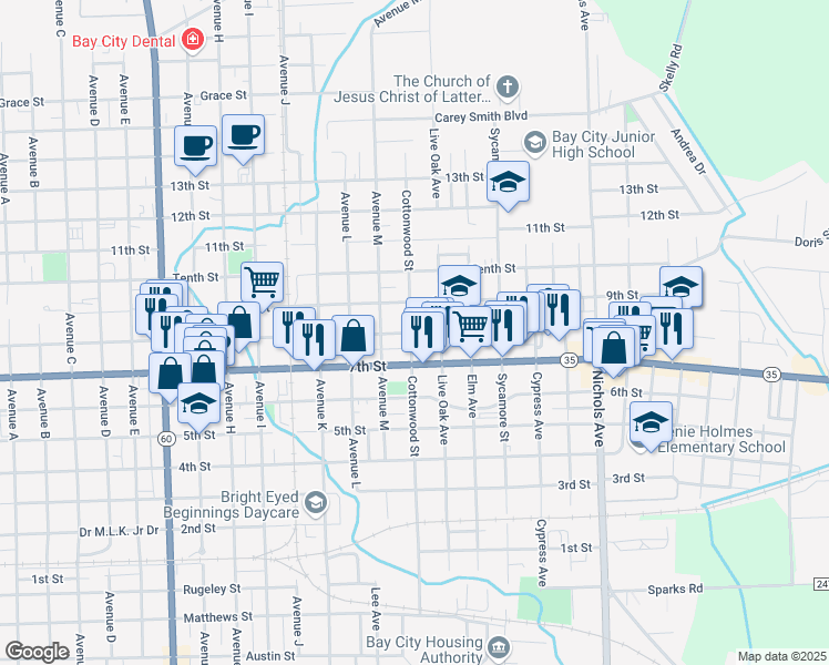 map of restaurants, bars, coffee shops, grocery stores, and more near 2509 8th Street in Bay City