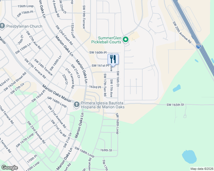 map of restaurants, bars, coffee shops, grocery stores, and more near 16325 Southwest 17th Terrace Road in Ocala