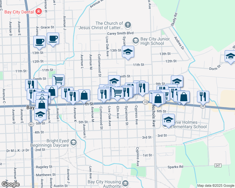 map of restaurants, bars, coffee shops, grocery stores, and more near 2509 8th Street in Bay City