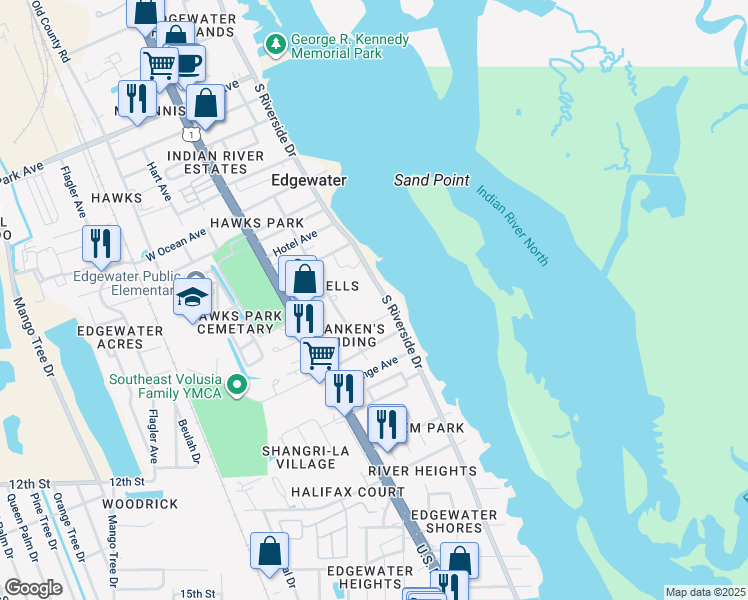 map of restaurants, bars, coffee shops, grocery stores, and more near 932 South Riverside Drive in Edgewater