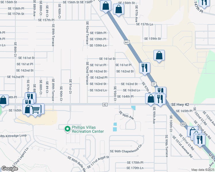 map of restaurants, bars, coffee shops, grocery stores, and more near 9380 Southeast 163rd Street in Summerfield