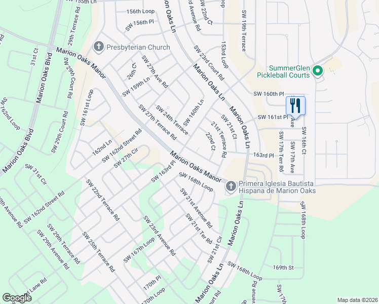 map of restaurants, bars, coffee shops, grocery stores, and more near 16369 Southwest 27th Terrace Road in Ocala