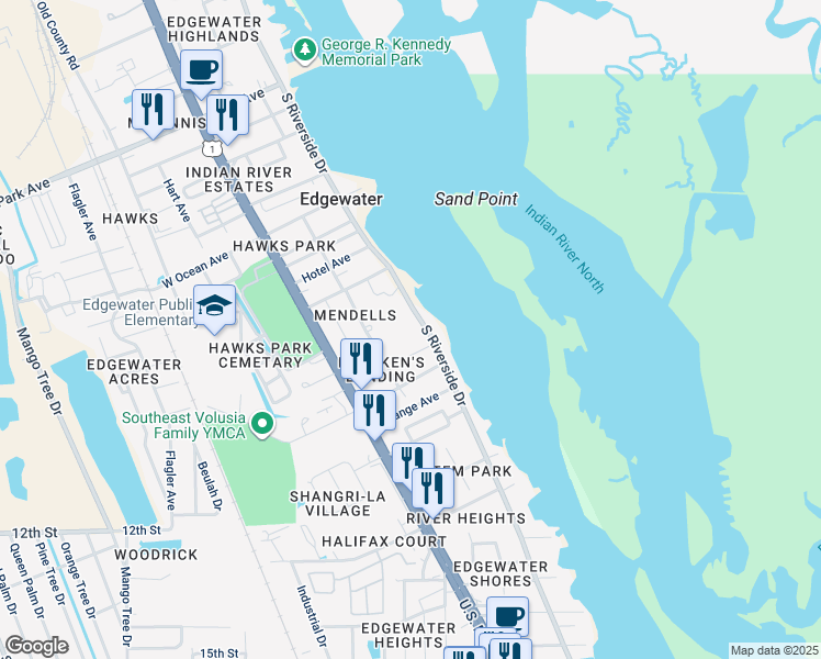 map of restaurants, bars, coffee shops, grocery stores, and more near 932 South Riverside Drive in Edgewater