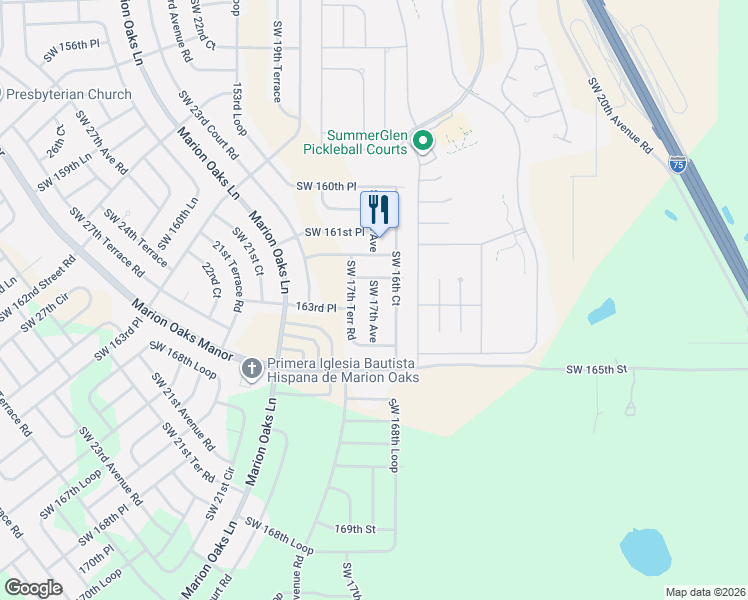 map of restaurants, bars, coffee shops, grocery stores, and more near 16325 Southwest 17th Terrace Road in Ocala