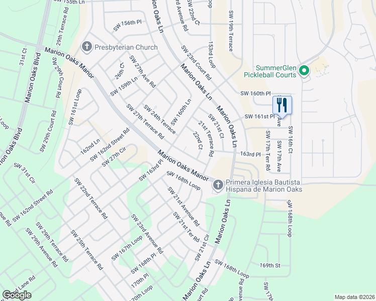map of restaurants, bars, coffee shops, grocery stores, and more near 16369 Southwest 27th Terrace Road in Ocala