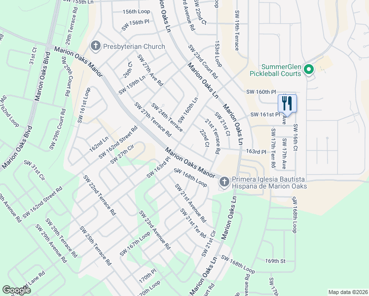 map of restaurants, bars, coffee shops, grocery stores, and more near 16369 Southwest 27th Terrace Road in Ocala