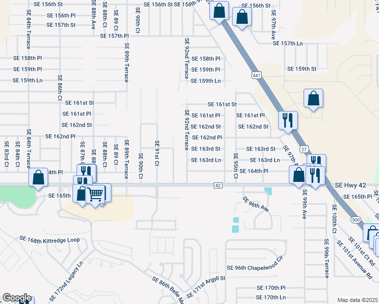 map of restaurants, bars, coffee shops, grocery stores, and more near 9300 Southeast 163rd Street in Summerfield
