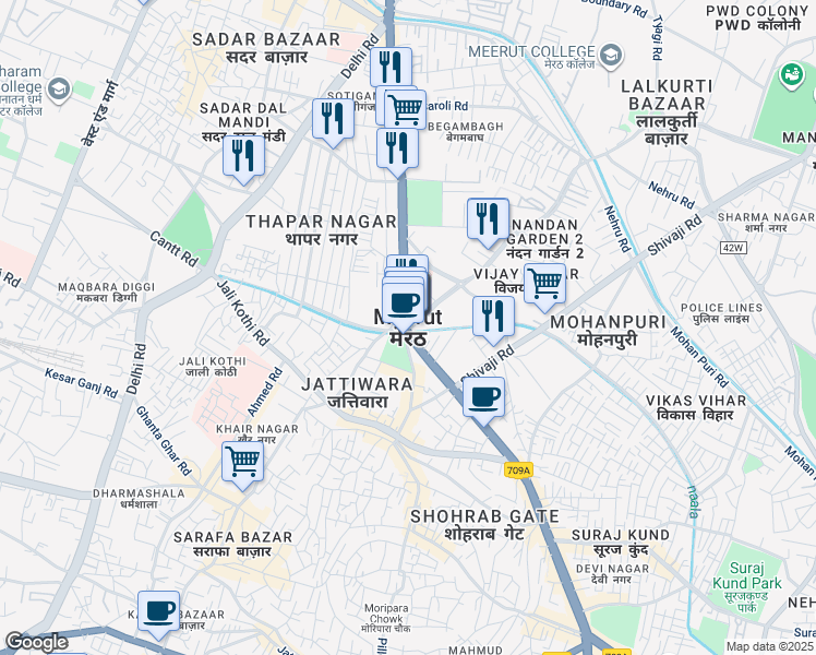 map of restaurants, bars, coffee shops, grocery stores, and more near in Meerut