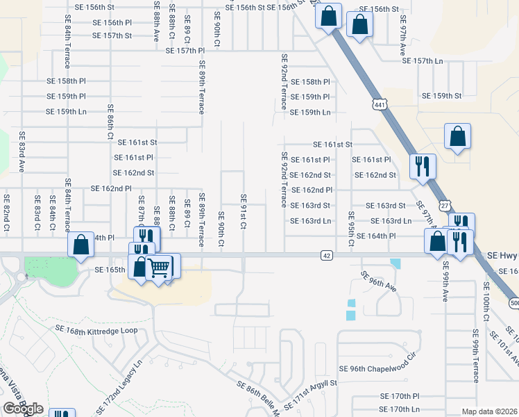map of restaurants, bars, coffee shops, grocery stores, and more near 16320 Southeast 92nd Avenue in Summerfield