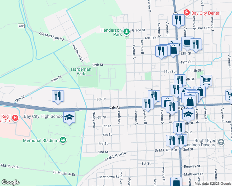 map of restaurants, bars, coffee shops, grocery stores, and more near 1908 Park Avenue in Bay City