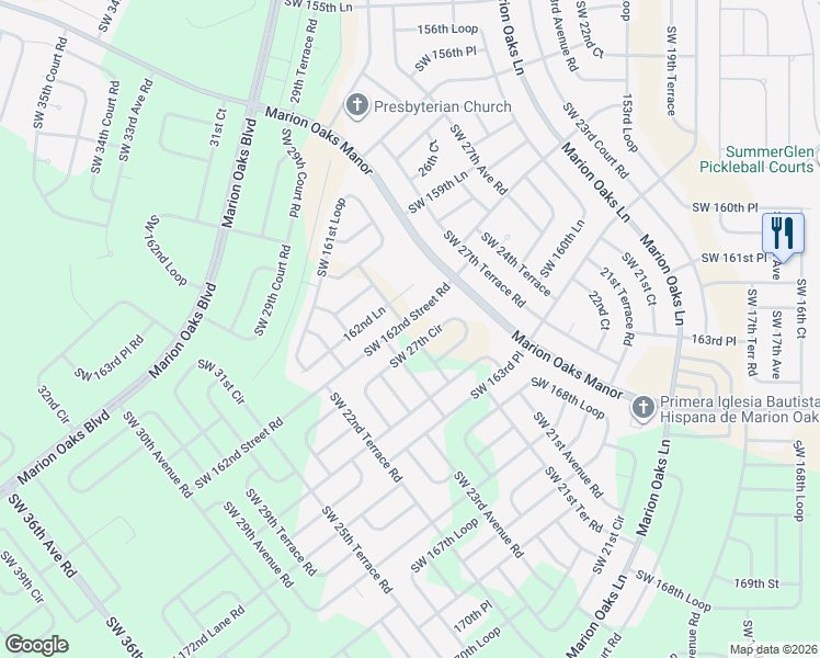 map of restaurants, bars, coffee shops, grocery stores, and more near 2590 Southwest 162nd Street Road in Ocala