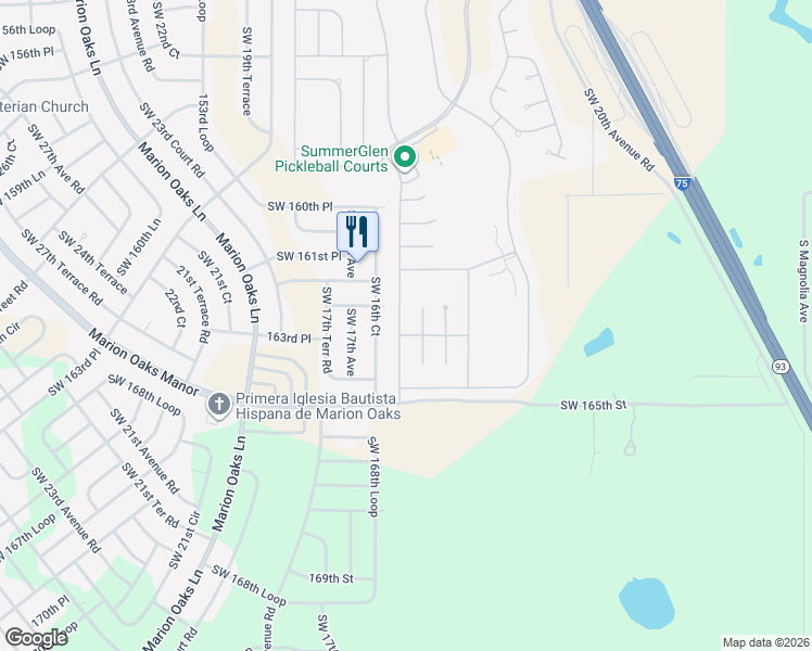 map of restaurants, bars, coffee shops, grocery stores, and more near 16323 Southwest 15th Court in Ocala