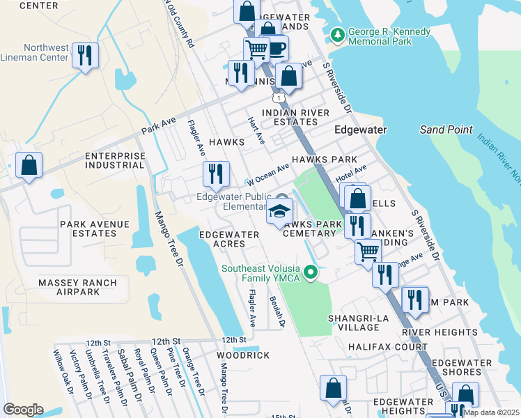 map of restaurants, bars, coffee shops, grocery stores, and more near 612 South Old County Road in Edgewater