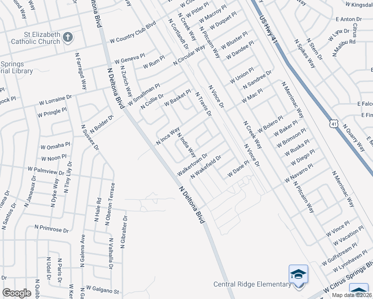map of restaurants, bars, coffee shops, grocery stores, and more near North India Way in Citrus Springs