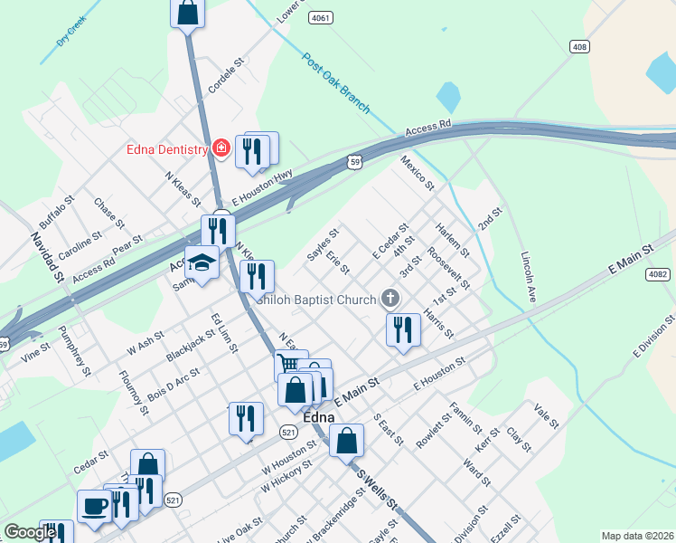map of restaurants, bars, coffee shops, grocery stores, and more near 413 Stafford Street in Edna
