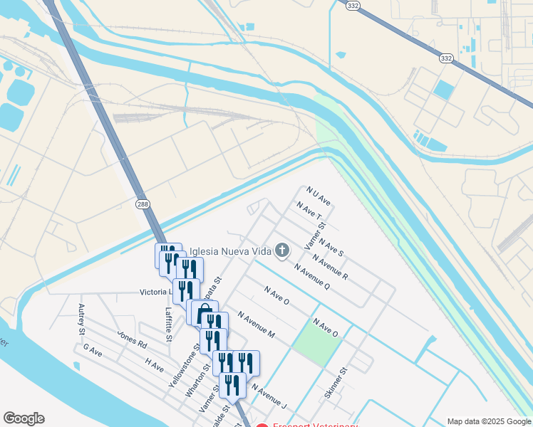 map of restaurants, bars, coffee shops, grocery stores, and more near 2238 Zapata Street in Freeport