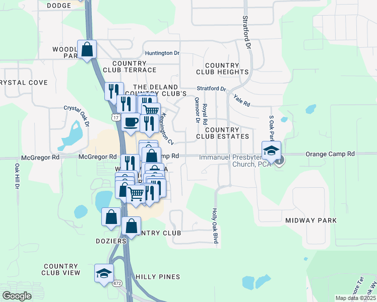 map of restaurants, bars, coffee shops, grocery stores, and more near 260 Orange Camp Road in DeLand