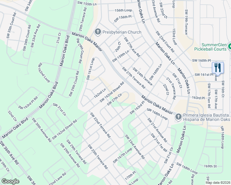 map of restaurants, bars, coffee shops, grocery stores, and more near 2590 Southwest 162nd Street Road in Ocala
