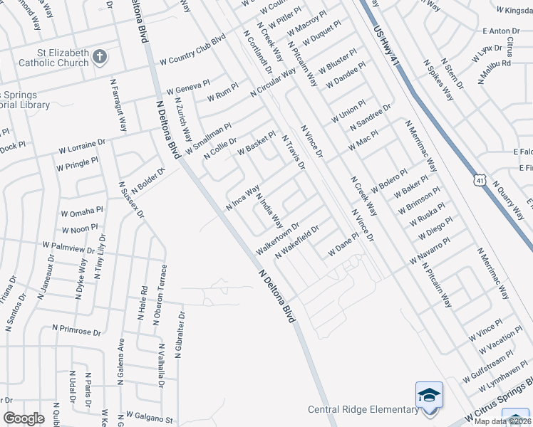 map of restaurants, bars, coffee shops, grocery stores, and more near North India Way in Citrus Springs