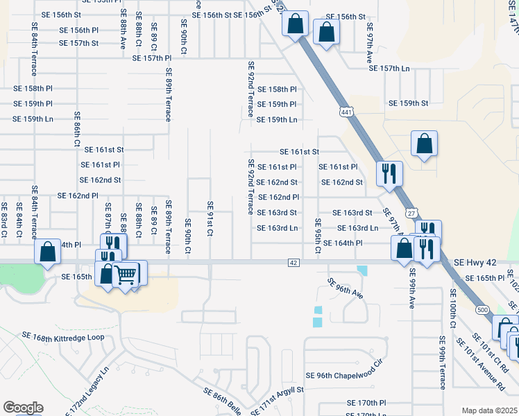 map of restaurants, bars, coffee shops, grocery stores, and more near 9300 Southeast 163rd Street in Summerfield
