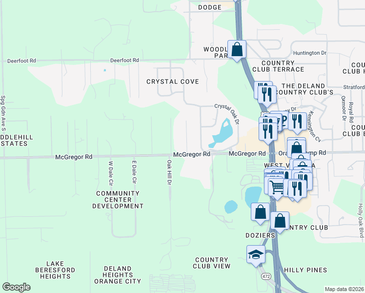 map of restaurants, bars, coffee shops, grocery stores, and more near 2050 Duncan Trce in DeLand