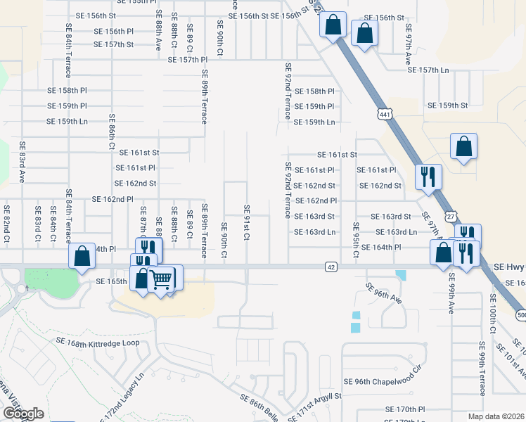 map of restaurants, bars, coffee shops, grocery stores, and more near 16320 Southeast 92nd Avenue in Summerfield