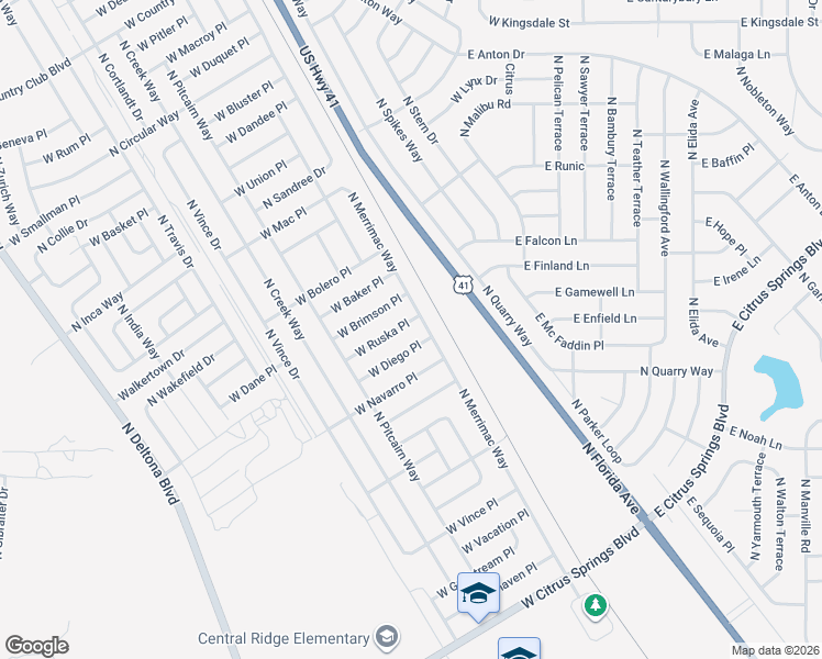 map of restaurants, bars, coffee shops, grocery stores, and more near 106 West Diego Place in Citrus Springs