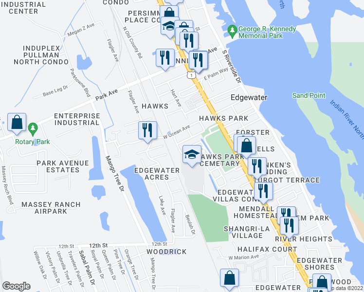 map of restaurants, bars, coffee shops, grocery stores, and more near 612 South Old County Road in Edgewater