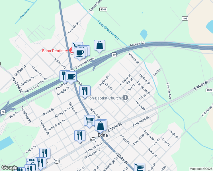 map of restaurants, bars, coffee shops, grocery stores, and more near 413 Stafford Street in Edna