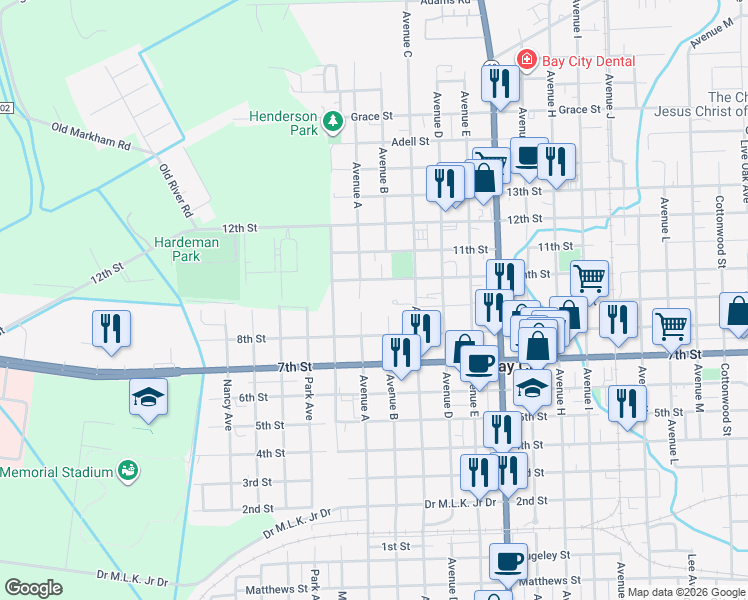 map of restaurants, bars, coffee shops, grocery stores, and more near 1200 10th Street in Bay City