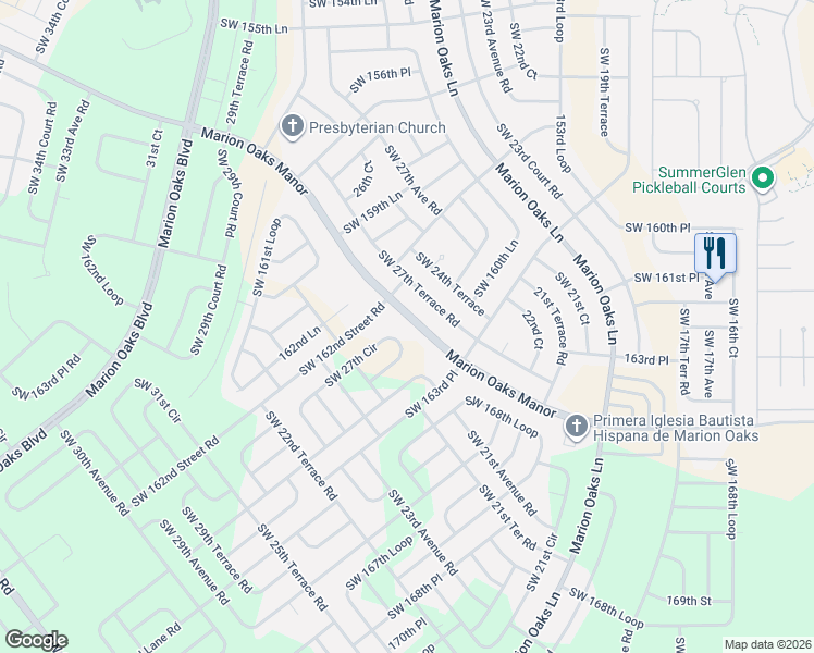 map of restaurants, bars, coffee shops, grocery stores, and more near 16228 Southwest 27th Terrace Road in Ocala