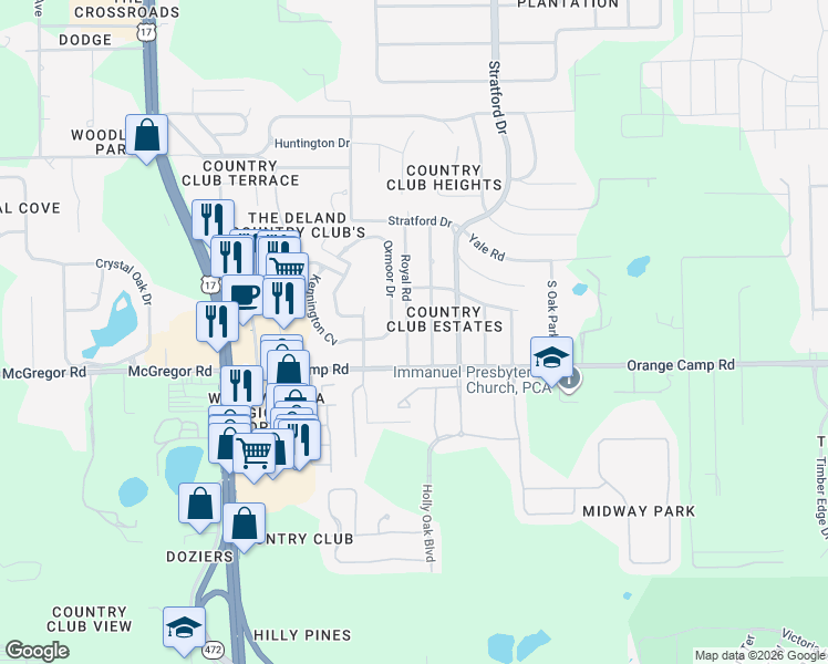 map of restaurants, bars, coffee shops, grocery stores, and more near 2439 Royal Road in DeLand