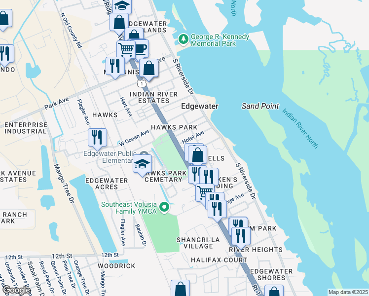 map of restaurants, bars, coffee shops, grocery stores, and more near 14 Hotel Avenue in Edgewater