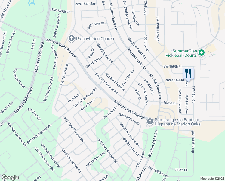 map of restaurants, bars, coffee shops, grocery stores, and more near 16228 Southwest 27th Terrace Road in Ocala