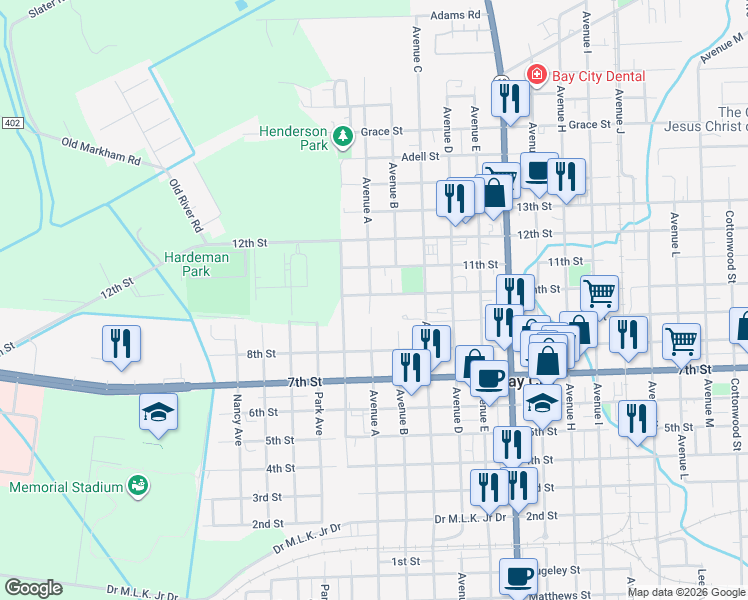 map of restaurants, bars, coffee shops, grocery stores, and more near 1200 Tenth Street in Bay City