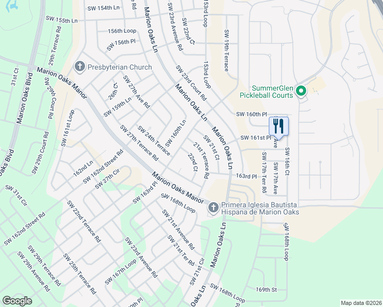 map of restaurants, bars, coffee shops, grocery stores, and more near 16183 22nd Court in Ocala