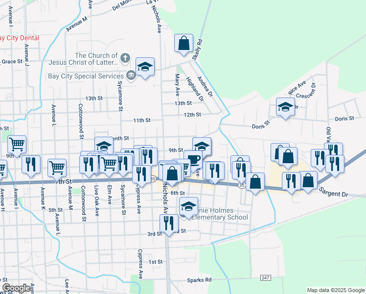 map of restaurants, bars, coffee shops, grocery stores, and more near 1821 Mary Avenue in Bay City