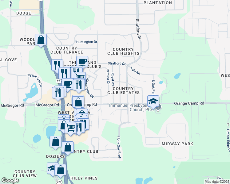 map of restaurants, bars, coffee shops, grocery stores, and more near 2439 Royal Road in DeLand